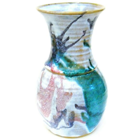 Artisan POTTERY VASE Teal Purple Pink Blue White Decorative Signed AL Studio Art - Picture 6 of 6